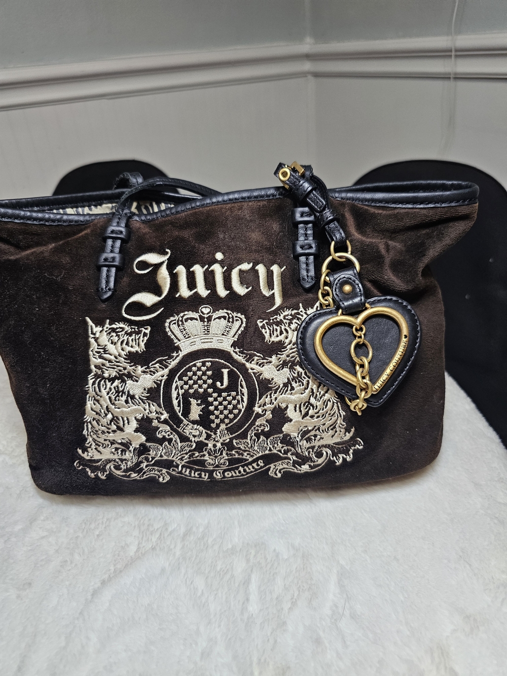 Juicy Couture Brown Velvet Tote with Heart Charm